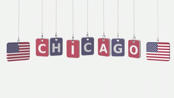 Vlajky Usa a Chicago textu na závěsné desky. Alfa podkladu pro změnu jednoduché pozadí — Stock video