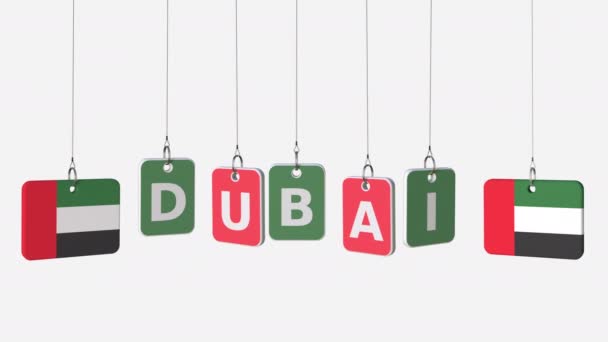 Placas colgantes con banderas de Emiratos Árabes Unidos y Dubai título. Animación conceptual con alfa mate — Vídeo de stock