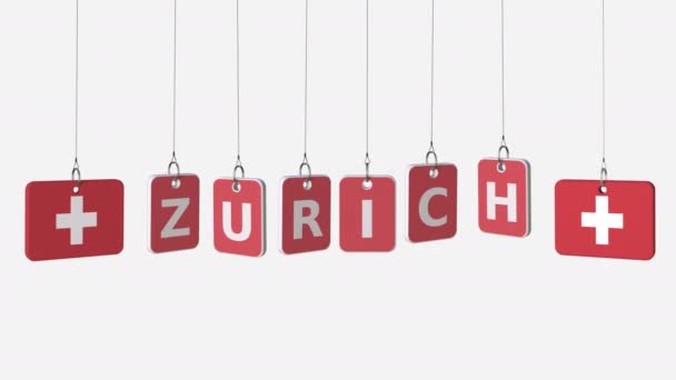Placas colgantes con banderas de SUIZA y subtítulos de Zurich. Animación conceptual con alfa mate — Vídeos de Stock