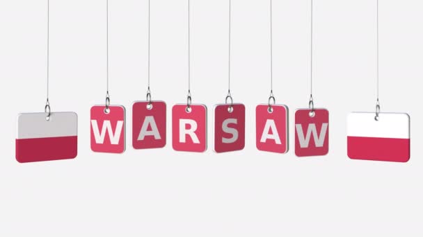 Σημαίες της Πολωνίας και της Βαρσοβίας κείμενο απαγχονισμού πλάκες. Άλφα ματ για αλλαγή απλό φόντο — Αρχείο Βίντεο
