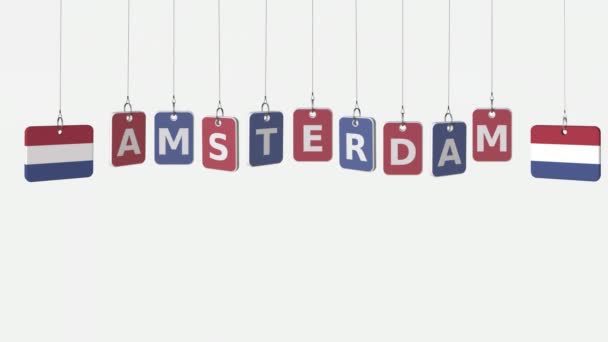 Plaques suspendues avec drapeaux des PAYS-BAS et légende Amsterdam. Animation conceptuelle avec alpha mat — Video