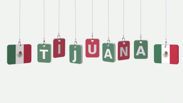 Lijst van vlaggen van Mexico en Tijuana tekst op opknoping platen. Alpha mat voor eenvoudige achtergrond wijzigen — Stockvideo