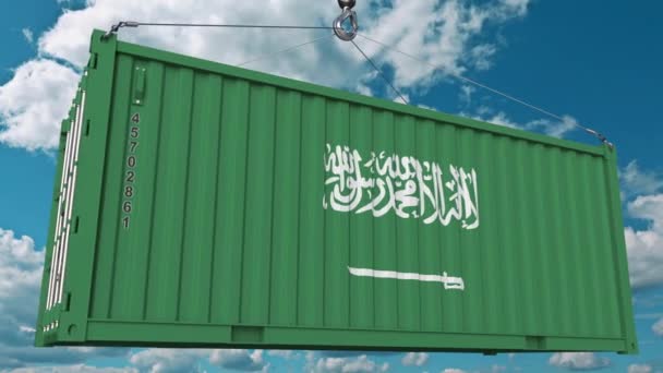 Container with flag of Saudi Arabia. Import or export related conceptual 3D animation — Stock Video