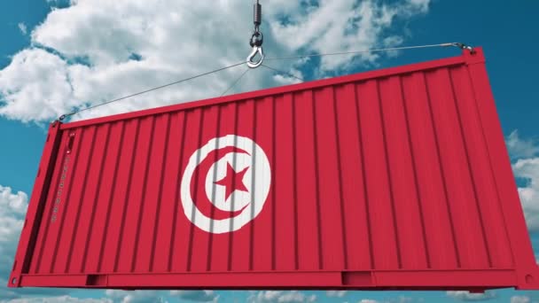 Het laden van container met vlag van Tunesië. Tunesische import of export gerelateerde conceptuele 3d animatie — Stockvideo