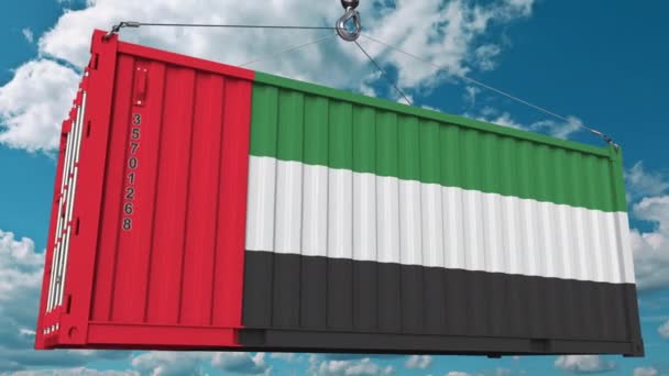 Contenitore cargo con bandiera degli Emirati Arabi Uniti. Animazione 3D concettuale relativa all'importazione o all'esportazione degli Emirati Arabi Uniti — Video Stock
