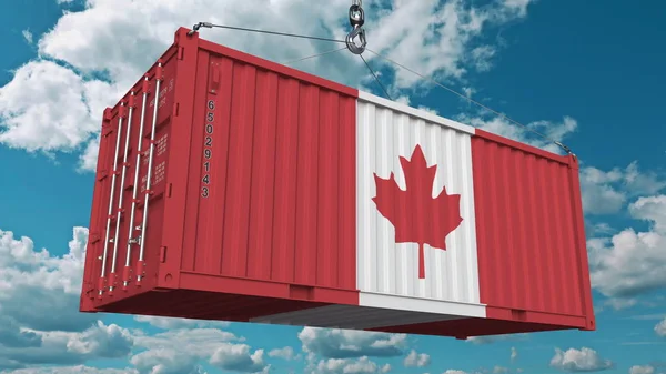 Contenedor de carga con bandera de Canadá. Renderizado 3D conceptual relacionado con la importación o exportación canadiense — Foto de Stock