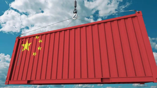 Завантаження вантажу контейнером з прапор Китаю. Китайський імпорт або експорт пов'язані концептуальні 3d-рендерінг — стокове фото