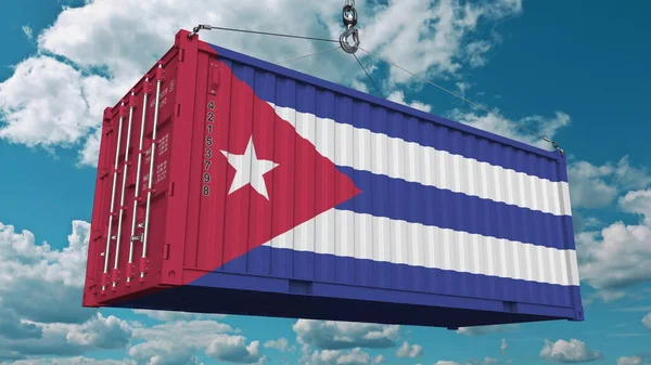 쿠바의 국기와 함께 화물 컨테이너를 로드합니다. 쿠바 가져오기 또는 내보내기 관련된 개념 3d 렌더링 — 스톡 사진