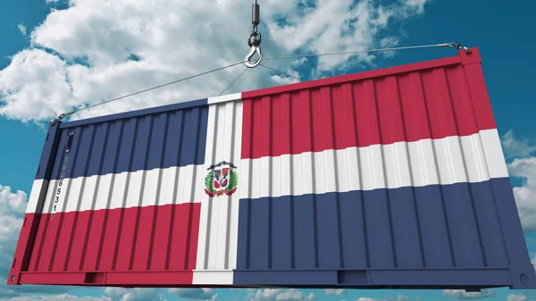 Recipiente de carga com bandeira da República Dominicana. Importar ou exportar renderização conceitual 3D relacionada — Fotografia de Stock