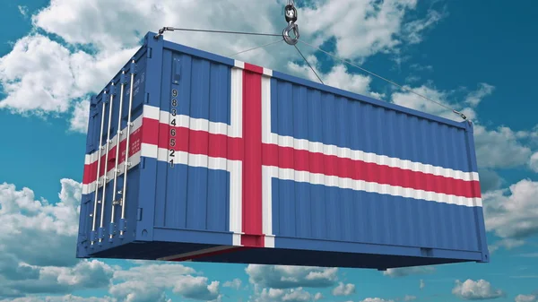 Carga de contenedores de carga con bandera de Islandia. Visualización conceptual 3D relacionada con la importación o exportación de Islandia — Foto de Stock
