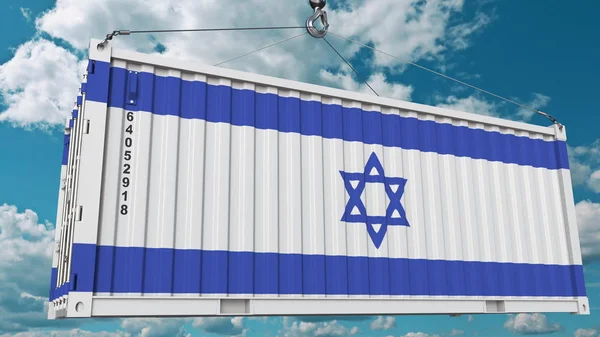 Cargo container met de vlag van Israël. Israëlische import of export gerelateerde conceptuele 3D-rendering — Stockfoto