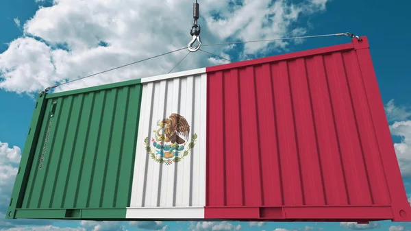 Recipiente com bandeira do México. Importação mexicana ou renderização 3D conceitual relacionada à exportação — Fotografia de Stock