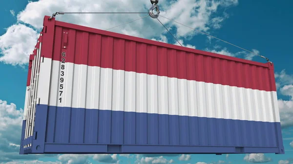 Contenedor con bandera de Holanda. Renderizado 3D conceptual relacionado con la importación o exportación holandesa —  Fotos de Stock