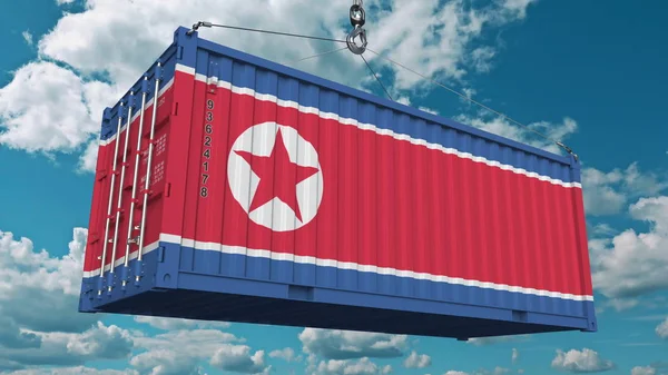 북한의 국기와 함께 컨테이너입니다. 한국어 가져오기 또는 내보내기 관련된 개념 3d 렌더링 — 스톡 사진