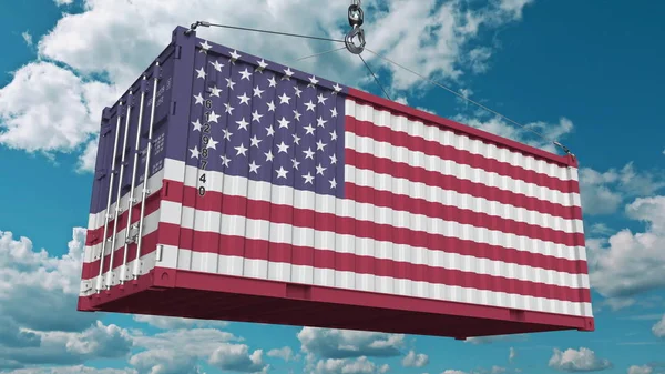 Contenitore con bandiera degli Stati Uniti d'America. Rendering 3D concettuale relativo all'importazione o all'esportazione americana — Foto Stock