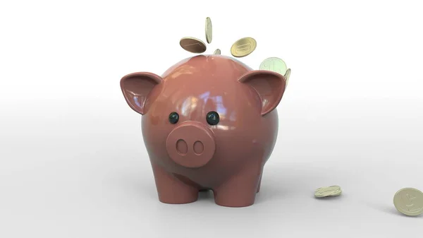 Coins fall into piggy bank while some remain outside. Bad savings or money wasting related conceptual 3D rendering — Stock Photo, Image