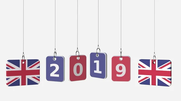 Taggar med flaggor av Storbritannien och 2019 text. 3D-rendering — Stockfoto