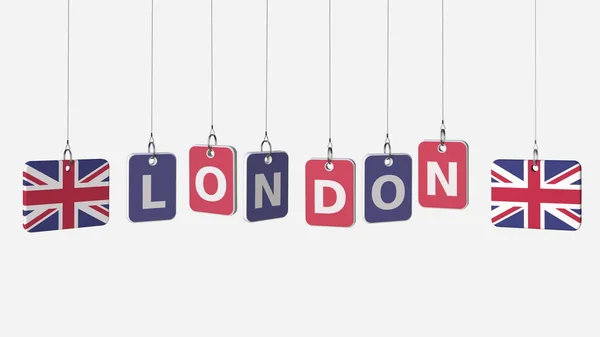 Hängande plattor med flaggor av Storbritannien och London bildtext. Konceptuell 3d-rendering — Stockfoto