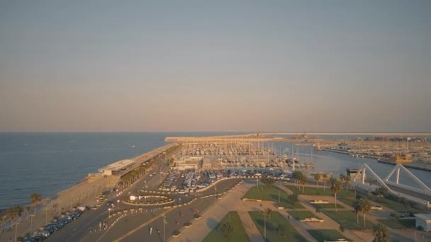 Вид с воздуха на парусные лодки на пристани в Валенсии, Испания — стоковое видео