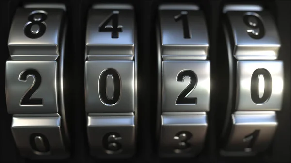 代码锁环显示2020数字。与新年相关的3d 渲染 — 图库照片