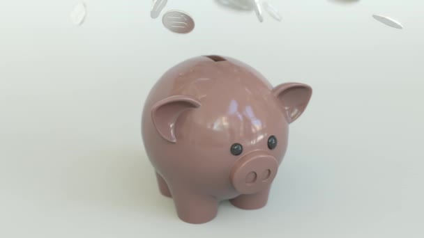Coins fall on piggy bank. Conceptual 3D animation — Stock Video