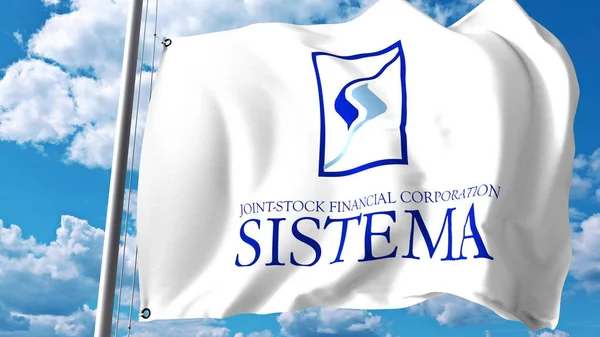 Bandiera sventolante con logo Sistema contro nuvole e cielo. Rendering editoriale 3D — Foto Stock