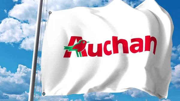 Wapperende vlag met Auchan logo tegen wolken en lucht. Redactioneel 3D-rendering — Stockfoto