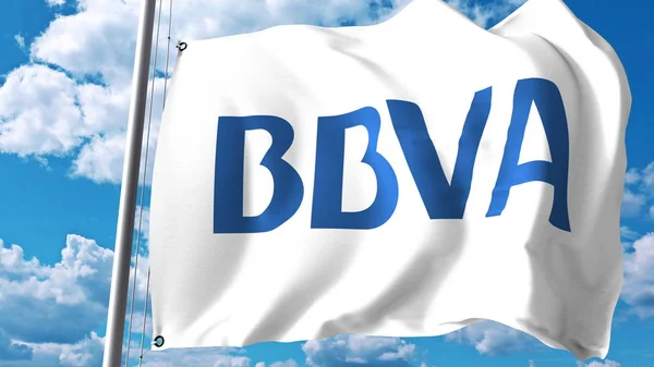 Bandera ondeante con logo Banco Bilbao Vizcaya Argentaria BBVA contra nubes y cielo. Representación Editorial 3D —  Fotos de Stock