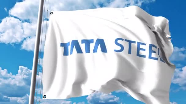 Размахивание флагом с логотипом Tata Steel против облаков и неба. Редакция 4K — стоковое видео