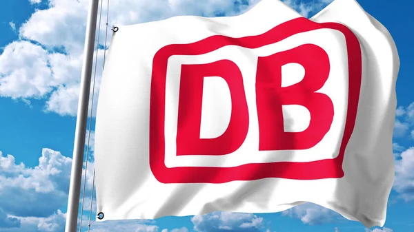 Bulutlar ve gökyüzü karşı Deutsche Bahn Db logolu bayrak sallıyor. Editoryal 3d render — Stok fotoğraf