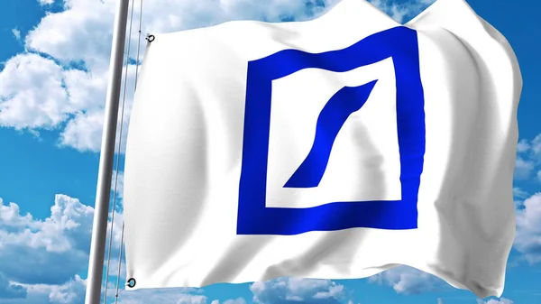 Integetett zászló, a Deutsche Bank logóját ellen a felhők és az ég. Szerkesztői 3d-leképezés — Stock Fotó