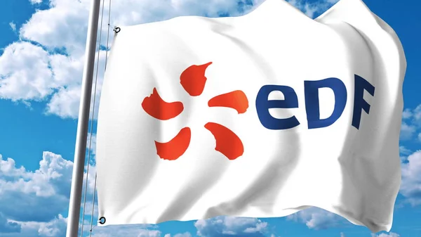 Bandera ondeante con logo Electricite de France EDF contra nubes y cielo. Representación Editorial 3D — Foto de Stock