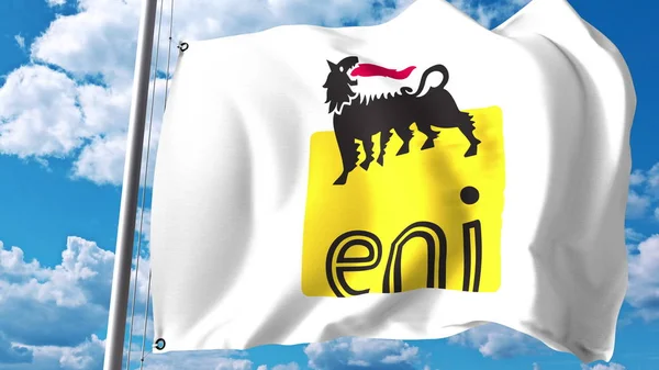 Bandiera sventolante con logo Eni S.p.A. contro nuvole e cielo. Rendering editoriale 3D — Foto Stock