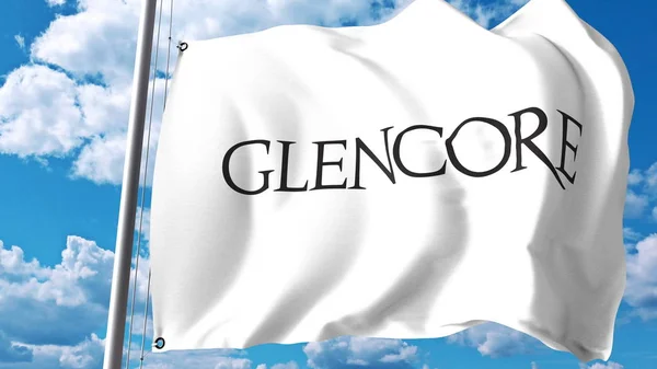 구름과 하늘에 대 한 Glencore plc 로고와 함께 흔들며 플래그입니다. 사설 3 차원 렌더링 — 스톡 사진
