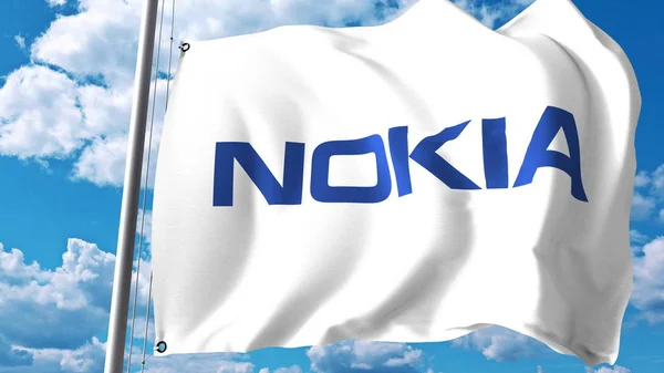 Acenando bandeira com logotipo Nokia contra nuvens e céu. Renderização 3D editorial — Fotografia de Stock