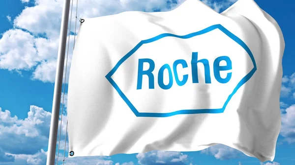 Mengibarkan bendera dengan logo Hoffmann-La Roche melawan awan dan langit. Perenderan 3D Editorial — Stok Foto