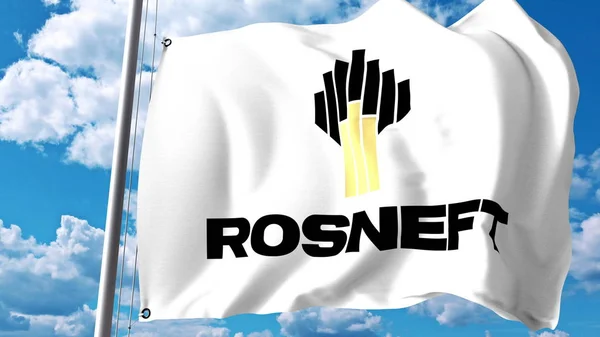 Bandera ondeando con el logotipo de Rosneft contra nubes y cielo. Representación Editorial 3D — Foto de Stock