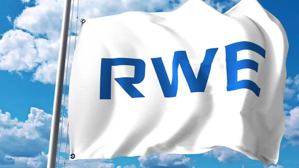 Bulutlar ve gökyüzü karşı Rwe Ag logolu bayrak sallıyor. Editoryal 3d render — Stok fotoğraf