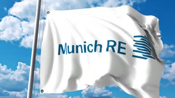 Waving flag with Munich Re logo against clouds and sky. 4K editorial animation — Stock Video
