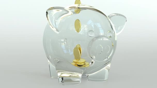 Golden coins fall into transparent piggy bank. Conceptual 3D animation — Stock Video