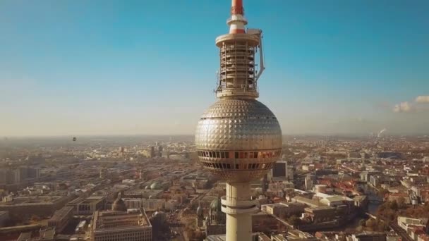 Aerial view of Berlin cityscape and Fernsehturm or Television Tower details. Germany — Stock Video