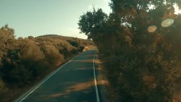 Tiro aéreo de baixa altitude de uma estrada rural em um dia ensolarado de verão — Vídeo de Stock