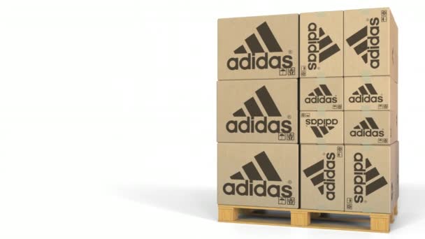 Caixas com logotipo Adidas na palete. Animação 3D editorial — Vídeo de Stock