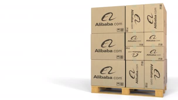 仓库托盘上带有阿里巴巴标志的盒子。编辑3d 动画 — 图库视频影像