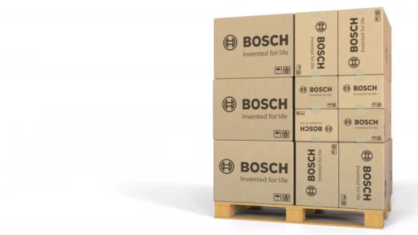 Caixas com logotipo Bosch na palete. Animação 3D editorial — Vídeo de Stock