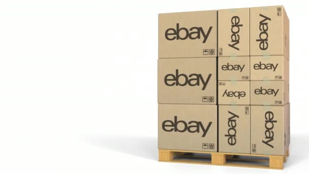 EBay λογότυπο σε χαρτοκιβώτια, σε παλέτες. Συντακτική 3d animation — Αρχείο Βίντεο