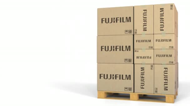 Mehrere Boxen mit Fujifilm-Logo. redaktionelle 3D-Animation — Stockvideo