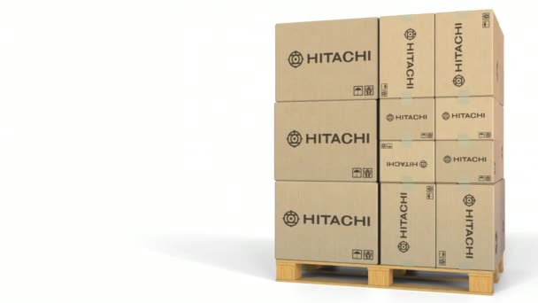 Много коробок с логотипом Hitachi. Редакционная 3D анимация — стоковое видео