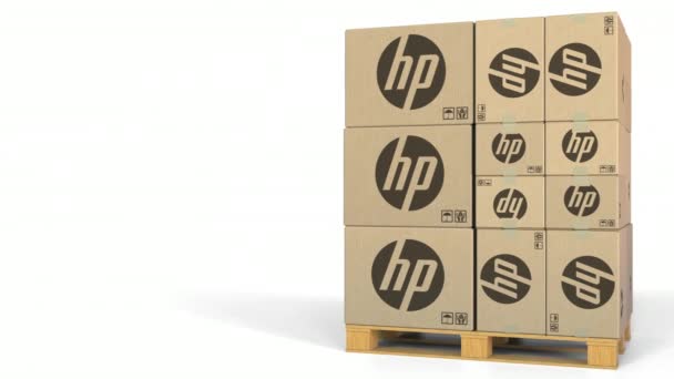 Pilha de caixas com logotipo HP. Animação 3D editorial — Vídeo de Stock