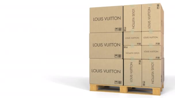 Кілька ящиків з логотипом Louis Vuitton. Редакційна 3d анімація — стокове відео